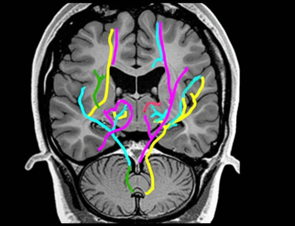 Immagine concettuale che rappresenta i percorsi neurali dai gangli della base al collicolo superiore coinvolto nei movimenti oculari, sovrapposta su un'immagine di scansione cerebrale sottile che mostra percorsi dopaminergici evidenziati, dettagli elevati, messa a fuoco precisa, illuminazione controllata.