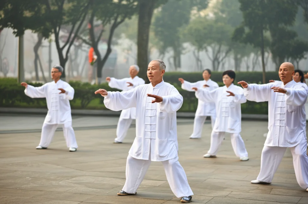 Fotografia d'azione di un gruppo di anziani che fanno Tai Chi in un parco cittadino, l'aria appare leggermente fosca sullo sfondo. Teleobiettivo zoom 200mm, velocità otturatore veloce, tracciamento del movimento leggero.