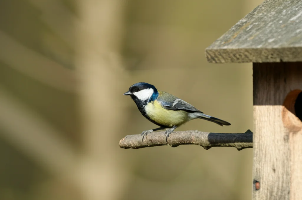 Fotografia macro di una cincia mora (Parus major) appollaiata su un ramo vicino a una cassetta nido nel bosco di Wytham. Obiettivo macro 60mm, alto dettaglio delle piume, illuminazione naturale controllata, profondità di campo ridotta che sfoca il bosco sullo sfondo.