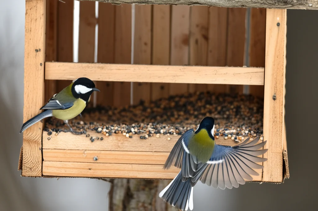 Fotografia naturalistica che cattura due cince more interagire vicino a una mangiatoia per uccelli dotata di RFID in un bosco invernale. Teleobiettivo zoom (es. 200mm), velocità dell'otturatore elevata per congelare il movimento, tracciamento dell'azione, luce invernale soffusa.