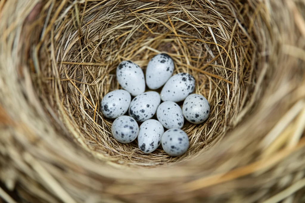 Foto ravvicinata all'interno di una cassetta nido per cincia mora che mostra le uova maculate. Obiettivo macro (es. 90mm), messa a fuoco precisa sulle uova, illuminazione controllata che simula l'interno del nido, alto dettaglio.