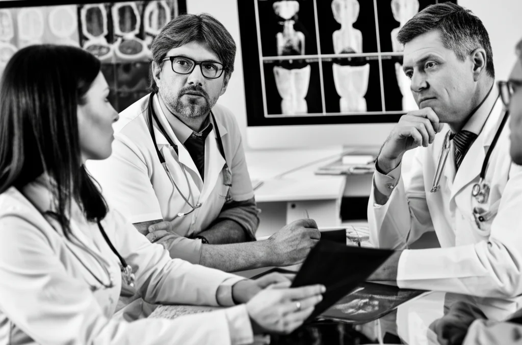 Fotografia di un team medico multidisciplinare (oncologo, chirurgo, radiologo) che discute un caso clinico complesso davanti a schermi con immagini radiologiche e dati, obiettivo zoom 35mm, luce ambientale da sala riunioni, espressioni concentrate, bianco e nero film noir.