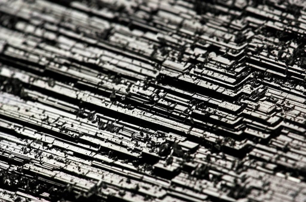 Immagine macro ad alta definizione di un cristallo di fosforo nero su una superficie pulita, illuminazione controllata per evidenziare la sua struttura stratificata anisotropa, obiettivo macro 100mm, high detail, precise focusing.