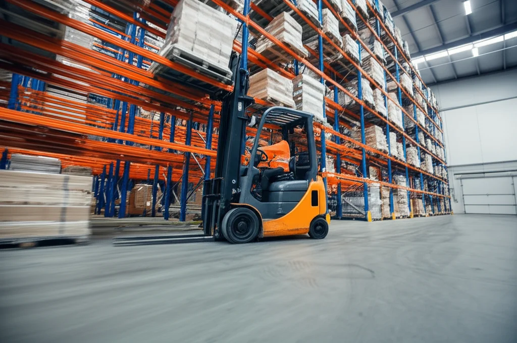 Interno di un magazzino logistico moderno, un lavoratore sposta pacchi su uno scaffale alto usando un muletto. Luce industriale fredda. Teleobiettivo zoom 100mm, leggero motion blur per indicare attività.