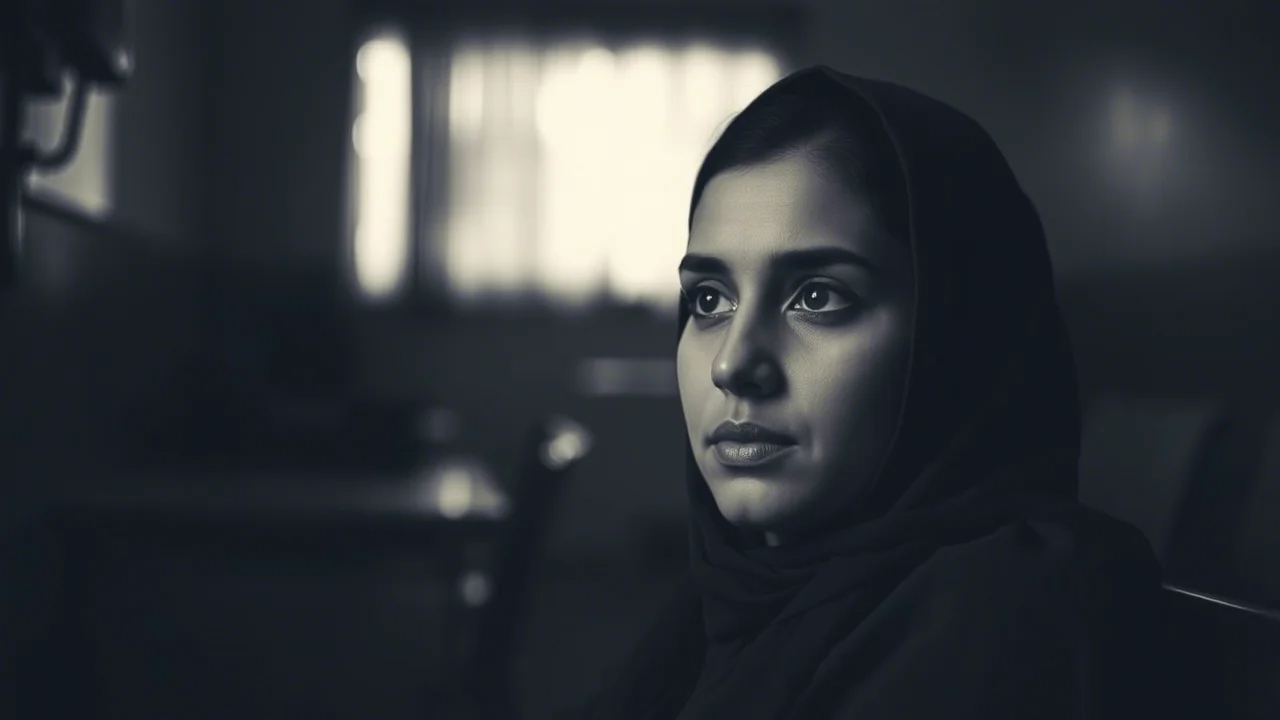 Ritratto fotografico di una giovane donna egiziana dall'aspetto pensieroso, ambientato in una clinica scarsamente illuminata, 35mm, bianco e nero, profondità di campo per sfocare lo sfondo e concentrarsi sull'espressione.
