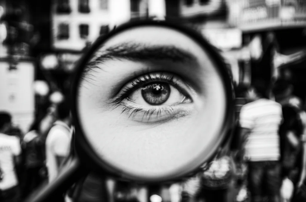 Primo piano di un occhio attento che osserva una scena urbana affollata attraverso una lente d'ingrandimento, simboleggiando lo sguardo critico dell'etnografo. Fotografia ritratto, obiettivo 35mm, profondità di campo, bianco e nero.