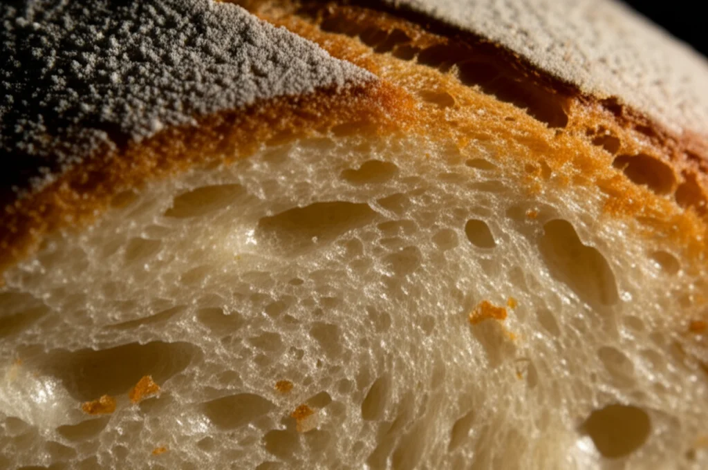 Immagine macro di una crosta di pane comune dorata e croccante, illuminazione laterale controllata per enfatizzare la texture ruvida e le sfumature di colore dovute alla reazione di Maillard. Obiettivo macro 100mm, alta definizione, messa a fuoco precisa sulla superficie.