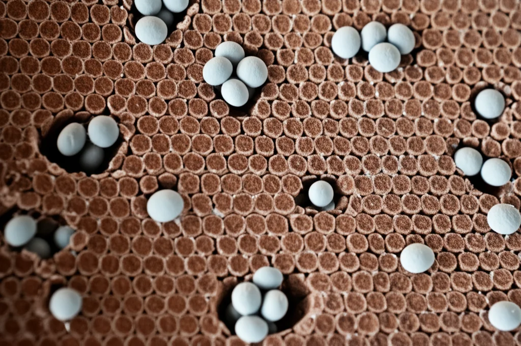 Visualizzazione astratta del processo di ultrafiltrazione. Molecole grandi (melanoidine, colorate di marrone scuro) vengono trattenute da una membrana porosa schematica, mentre molecole piccole (LMW, colorate di grigio chiaro) e acqua passano attraverso. Illuminazione da laboratorio, focus sulla membrana, stile grafico pulito.