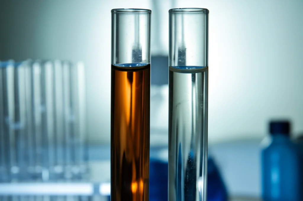 Due provette da laboratorio affiancate, una contenente una soluzione marrone scuro (estratto CBM) e l'altra una soluzione marrone più chiaro (estratto SBM), retroilluminate per mostrare la differenza di colore. Sullo sfondo sfocato, attrezzatura da laboratorio chimico. Obiettivo prime 50mm, profondità di campo ridotta, illuminazione pulita.