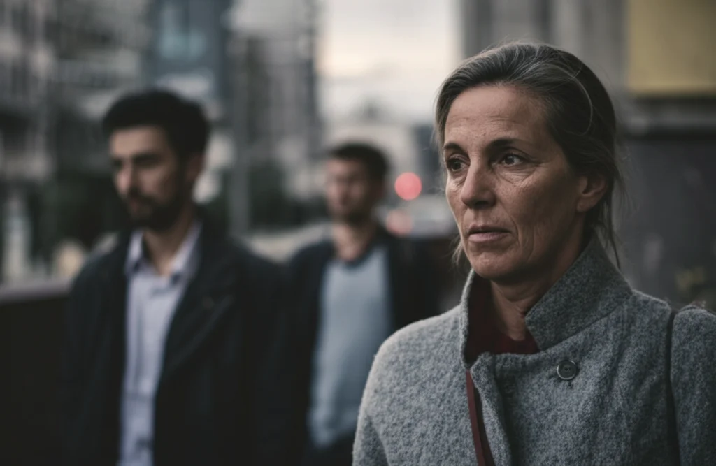 Ritratto fotografico di diverse persone che mostrano sottili segni di preoccupazione o stress in un contesto urbano quotidiano, obiettivo 35mm, profondità di campo ridotta per isolare i soggetti, illuminazione naturale leggermente soffusa, stile filmico.