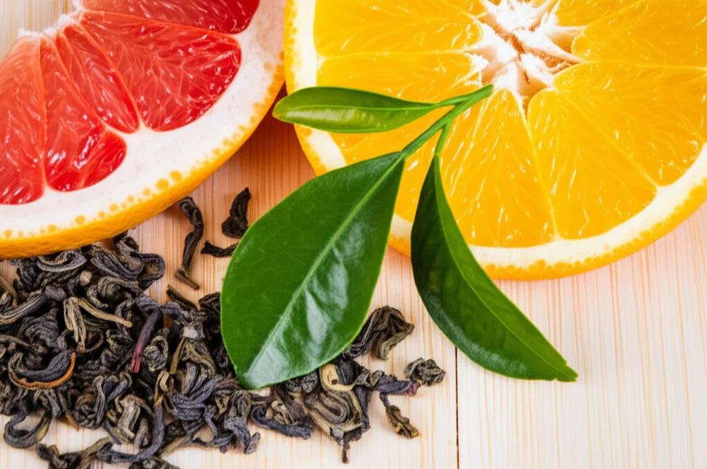 Fotografia macro di spicchi di agrumi freschi (arancia, pompelmo) e foglie di tè verde su un tavolo di legno chiaro, obiettivo macro 100mm, messa a fuoco precisa sulla texture della buccia d'arancia e sulle venature delle foglie, illuminazione laterale controllata per esaltare i dettagli, alta definizione.