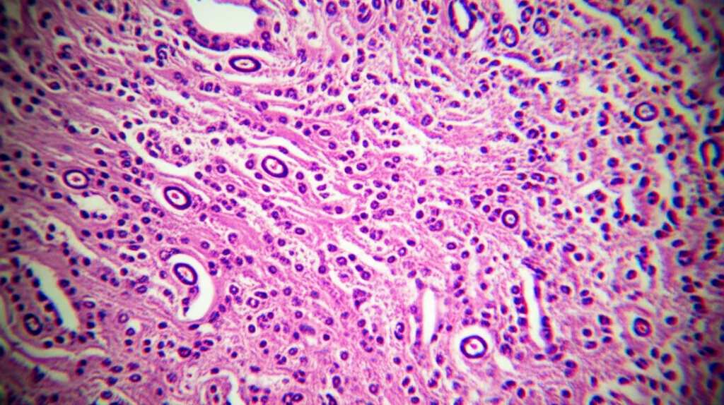 Visualizzazione macro al microscopio dell'interno di un vaso sanguigno, mostrando l'endotelio con segni di stress infiammatorio, illuminazione controllata, alta definizione, obiettivo macro 100mm