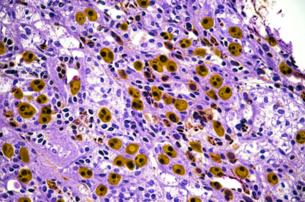 Immagine macro di tessuto tumorale umano al microscopio, alta risoluzione, illuminazione controllata, che mostra cellule con nuclei ingranditi, potenziale visualizzazione della proteina TRIP13 sovraespressa, lente macro 100mm.