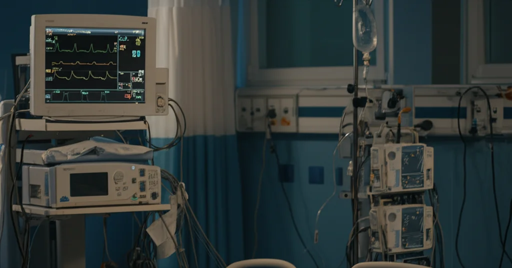 Interno di un'unità di terapia intensiva moderna, focus su un monitor che mostra grafici di segni vitali e dati paziente, profondità di campo, luce soffusa, obiettivo 35mm