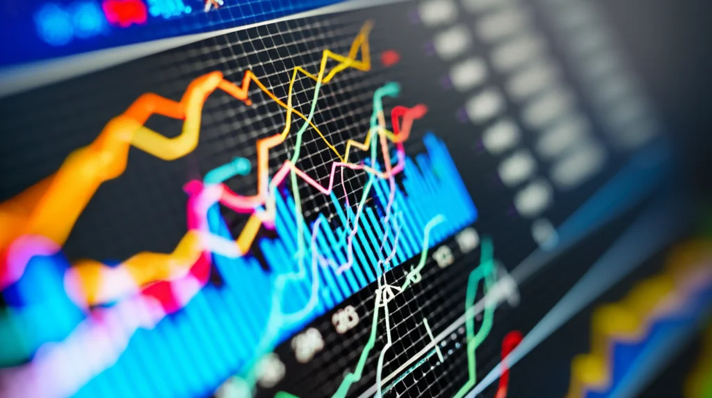 Primo piano di uno schermo di computer che mostra grafici statistici colorati e complessi, con linee di tendenza e punti dati sparsi. L'immagine è scattata con un obiettivo macro da 85mm, mettendo a fuoco i dettagli nitidi dei grafici mentre lo sfondo è leggermente sfocato (profondità di campo), simboleggiando l'analisi dettagliata dei dati PRO.