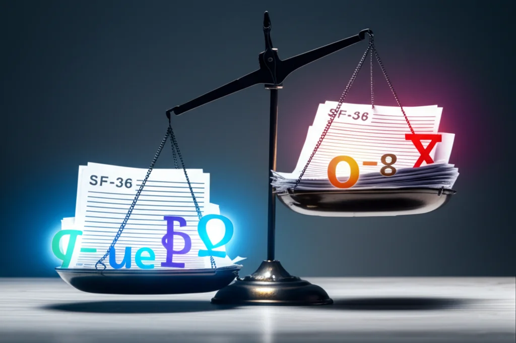 Immagine concettuale: una bilancia della giustizia stilizzata. Su un piatto ci sono questionari SF-36 cartacei, sull'altro ci sono simboli matematici e statistici luminosi (come sigma, beta, p-value). La bilancia è in equilibrio precario. Scatto con obiettivo prime da 50mm, luce controllata e drammatica, sfondo scuro, per rappresentare la delicata scelta del metodo statistico appropriato.