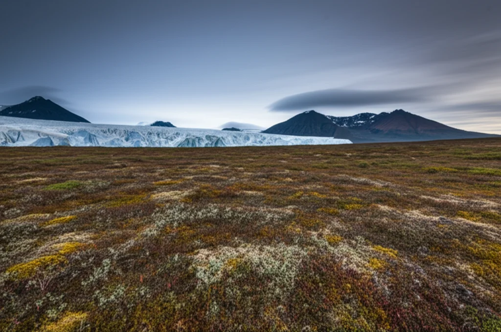 Paesaggio grandangolare di un ambiente nordamericano durante il Pleistocene, con ghiacciai in ritirata sullo sfondo e tundra artica in primo piano, evocando l'epoca delle migrazioni degli orsi bruni e neri. Wide-angle lens 15mm, long exposure times for smooth clouds, sharp focus on landscape details, luce fredda.