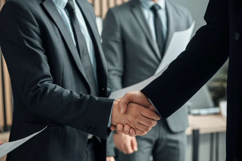Primo piano su una stretta di mano tra due uomini d'affari in giacca e cravatta, uno più anziano (azionista) e uno più giovane (manager), in un ufficio moderno. Luce controllata, obiettivo prime 35mm, profondità di campo ridotta per mettere a fuoco l'accordo. Simboleggia la relazione tra proprietà e gestione e l'allineamento (o disallineamento) degli interessi.