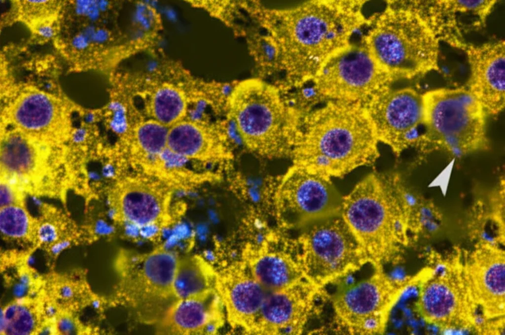 Visualizzazione al microscopio del microambiente tumorale, con cellule immunitarie (linfociti T CD8+) che infiltrano un ammasso di cellule tumorali, alta risoluzione, focus preciso, possibile tecnica di immunofluorescenza simulata, lente macro 90mm.