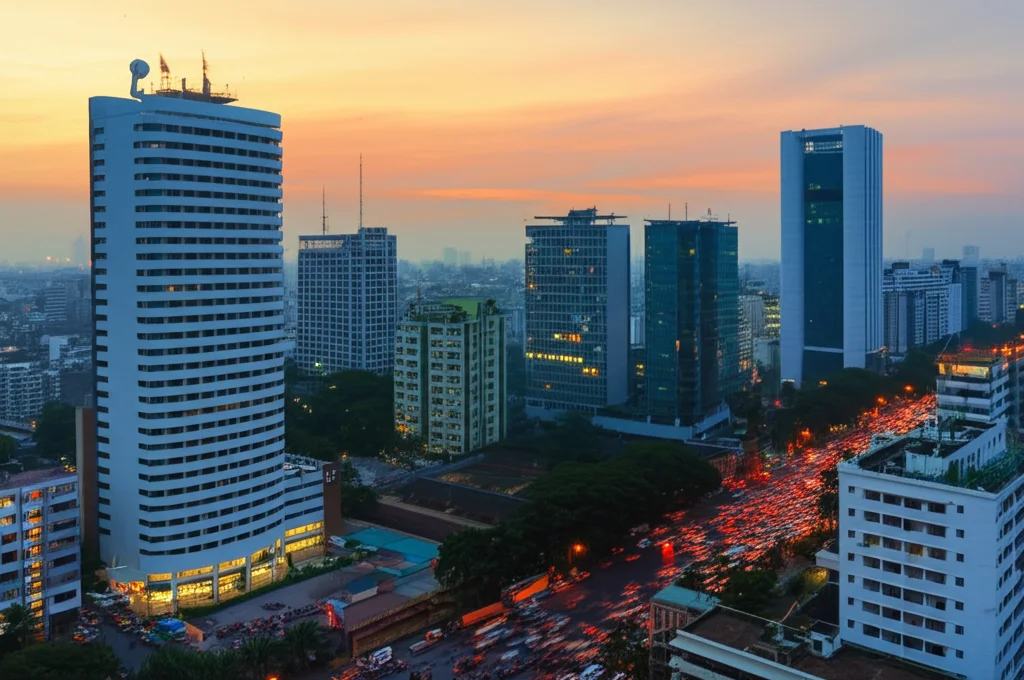 Fotografia grandangolare 24mm del distretto finanziario di Dhaka, Bangladesh, al tramonto. Grattacieli moderni mescolati a edifici più vecchi, traffico intenso. Simboleggia un'economia emergente con le sue complessità e dinamiche uniche nel contesto della corporate governance e delle performance aziendali.