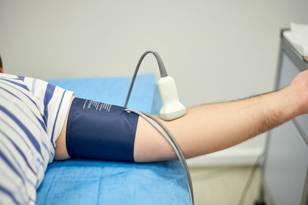 Primo piano di un bracciale pneumatico applicato al braccio di un uomo sdraiato su un lettino da laboratorio, con una sonda ecografica posizionata sull'arteria brachiale. Luce controllata da laboratorio, obiettivo macro 60mm per dettaglio sul bracciale e sulla sonda.