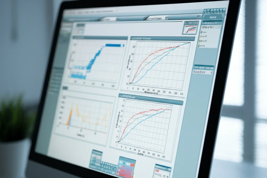 Schermo di computer che mostra grafici complessi di analisi di dati biomedici, curve ROC e Kaplan-Meier, concetto di medicina personalizzata e predizione della risposta all'immunoterapia, profondità di campo, luce soffusa da ufficio.