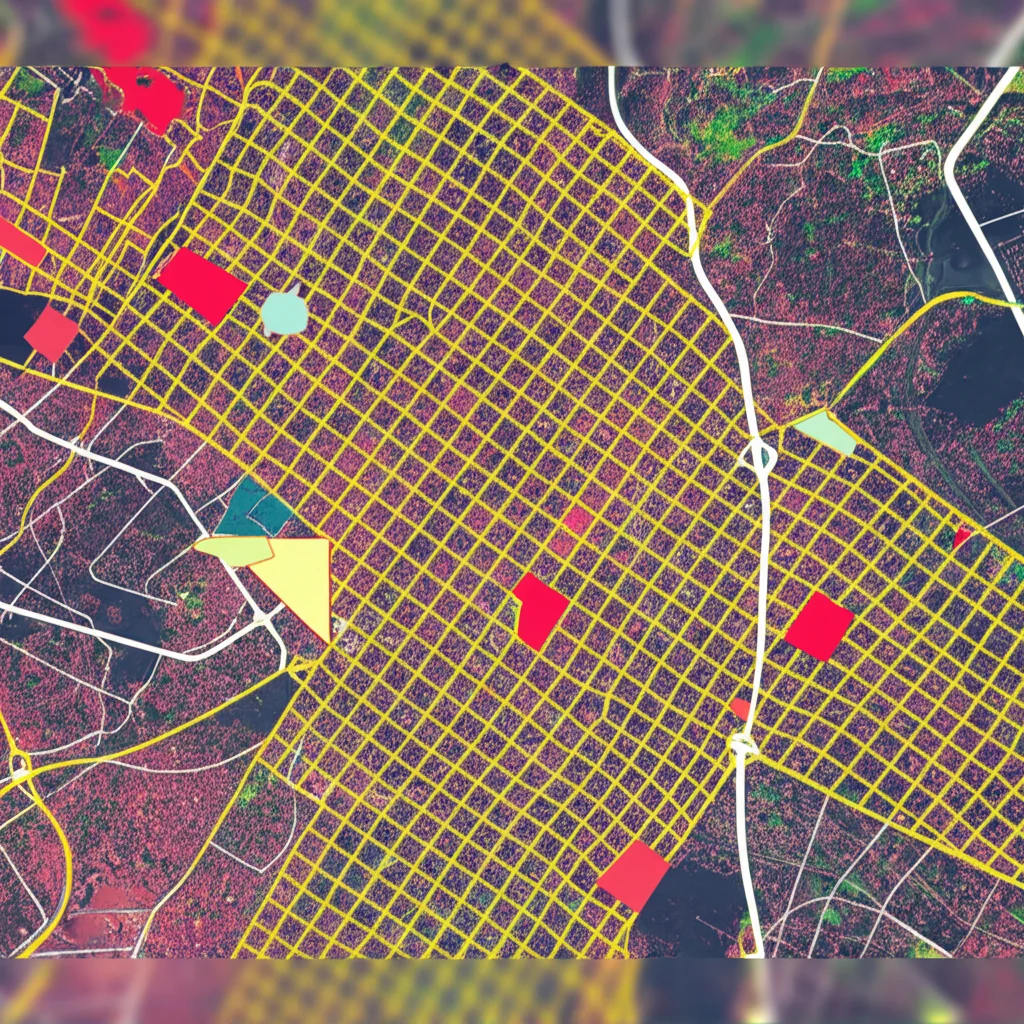 Vista aerea, wide-angle 20mm, di una mappa a griglia sovrapposta a una foto aerea del centro di Zhengzhou. La griglia evidenzia diverse categorie di uso del suolo con colori differenti (es. giallo per agricolo, rosso per edificato, blu per acqua). Messa a fuoco nitida su tutta l'immagine.