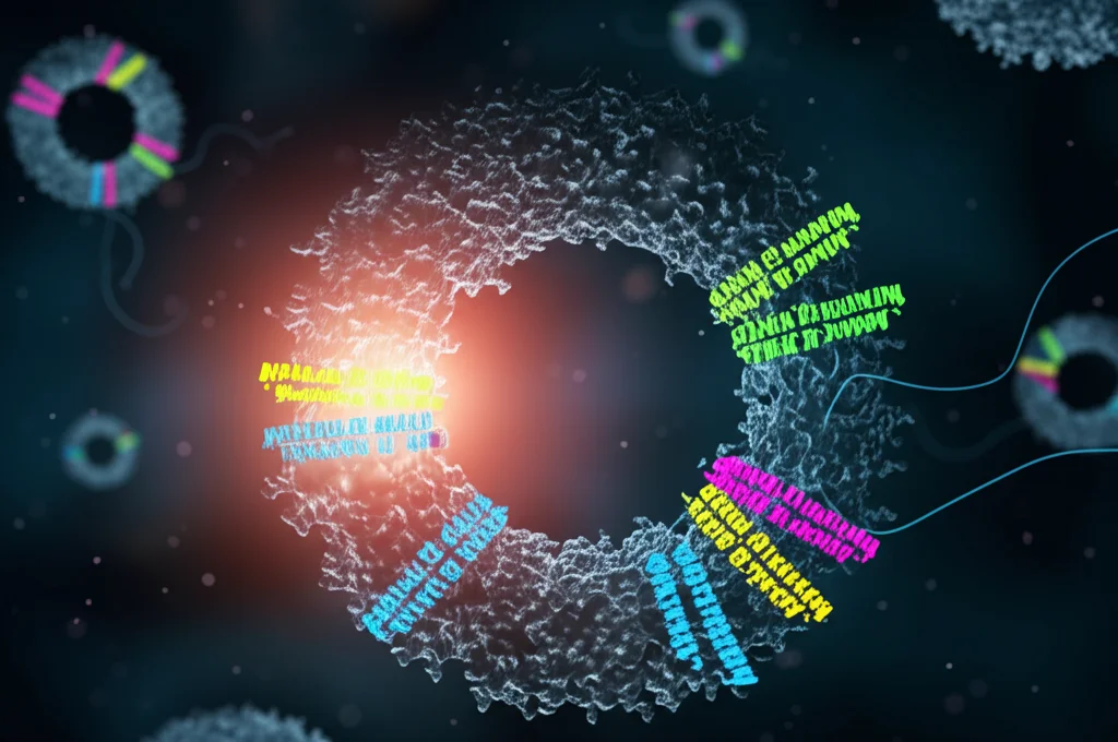 Visualizzazione 3D scientificamente accurata di un plasmide batterico circolare (DNA) con specifici segmenti genici (ARGs) evidenziati in colori vivaci, fluttuante all'interno di una cellula batterica stilizzata, sfondo scuro con illuminazione focalizzata sul plasmide, alta definizione, dettagli precisi.