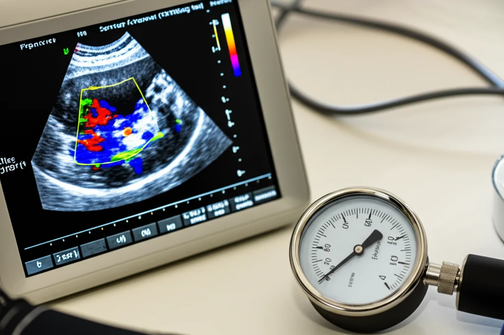 Immagine macro di un manometro che mostra una pressione specifica, con accanto un'ecografia Doppler a colori che visualizza il flusso sanguigno in un'arteria. Illuminazione controllata, alta definizione, obiettivo macro 105mm, focus selettivo sul display del manometro.
