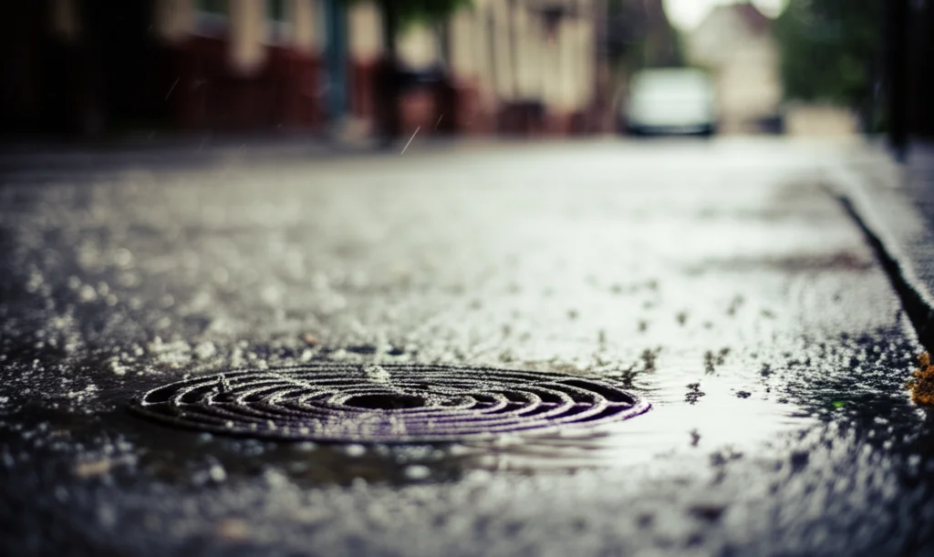 Vista a livello stradale, 35mm prime lens, durante una forte pioggia in una strada cittadina. L'acqua forma pozze e scorre rapidamente verso un tombino. Profondità di campo ridotta, con messa a fuoco sull'acqua che scorre. Colori leggermente desaturati per un'atmosfera cupa.
