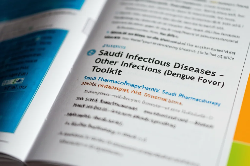 Fotografia macro, obiettivo 100mm f/2.8, di una pagina aperta del nuovo Saudi Pharmacotherapy Toolkit, con testo nitido e grafici colorati. Focus selettivo su un capitolo intitolato 'Infectious Diseases - Other Infections (Brucellosis, Dengue Fever)'. Illuminazione da studio controllata per massimizzare i dettagli e la leggibilità.