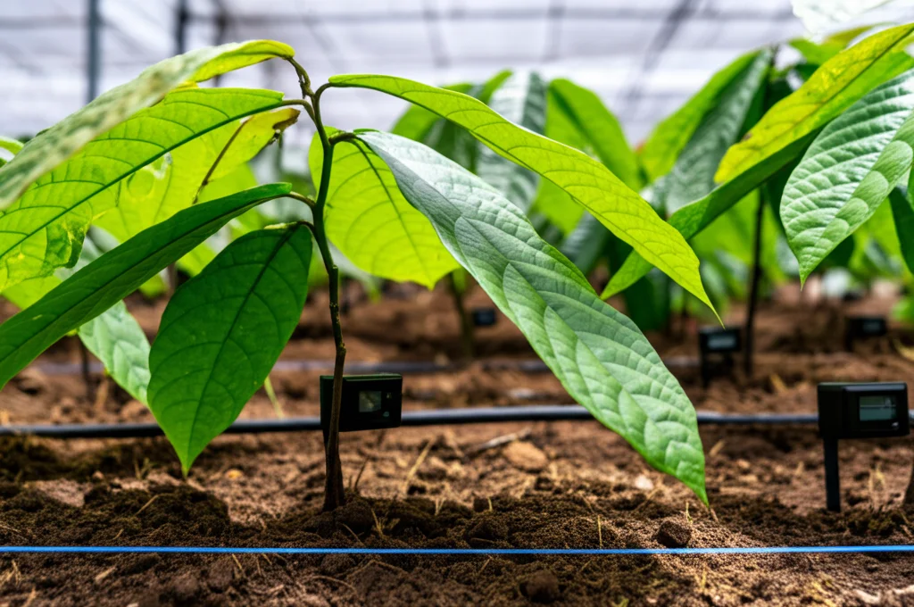Pianta di cacao giovane in un vivaio controllato, con sensori nel terreno per monitorare l'umidità. Macro lens, 70mm, illuminazione artificiale controllata per evidenziare la salute della pianta, alta definizione dei dettagli delle foglie verdi.