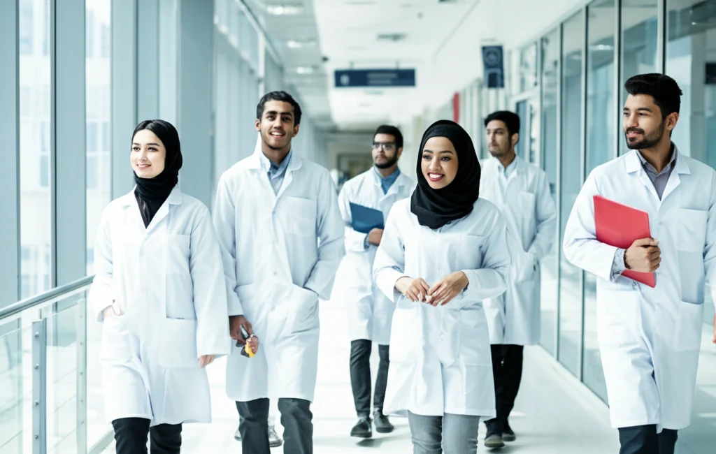 Fotografia grandangolare, obiettivo 18mm f/3.5, di un gruppo di giovani studenti di farmacia sauditi, ragazzi e ragazze, in camice bianco, che camminano con sicurezza nel corridoio moderno e luminoso di una facoltà universitaria o di un ospedale in Arabia Saudita. Luce naturale vibrante, espressioni ottimiste, simboleggiando il futuro della professione farmaceutica nel paese. Leggera sfocatura di movimento per dare dinamismo.