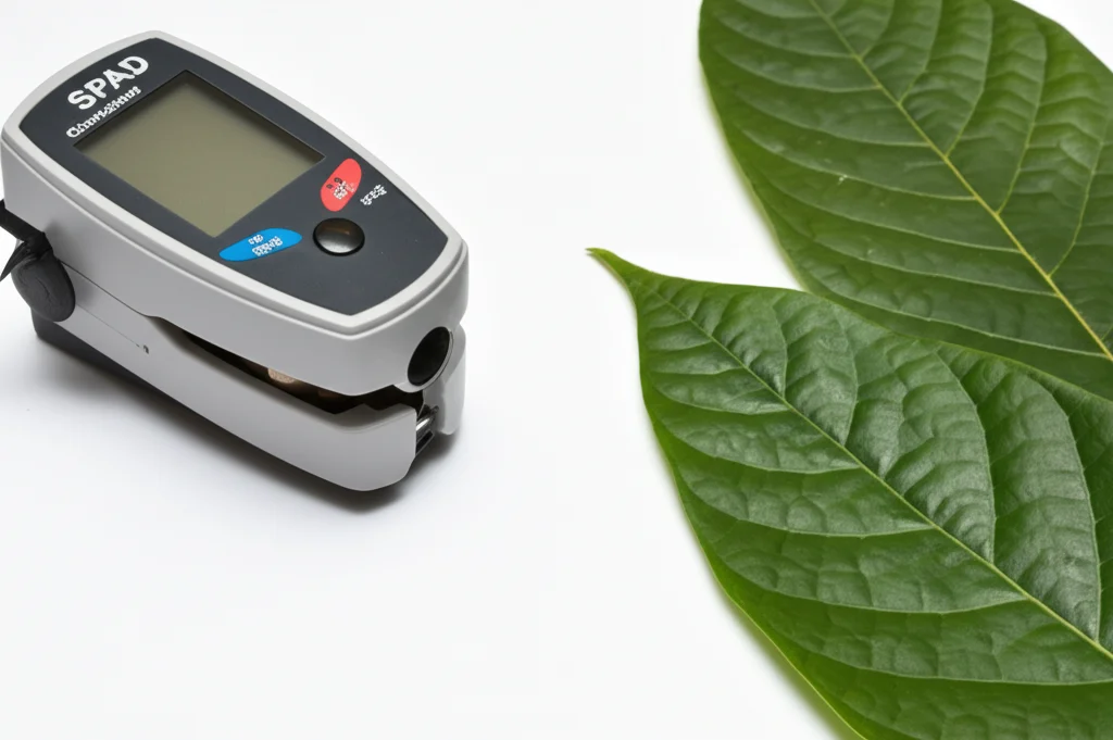Ricercatore in laboratorio che misura il contenuto di clorofilla di una foglia di cacao usando uno SPAD meter. Macro lens, 60mm, messa a fuoco precisa sullo strumento e sulla foglia, illuminazione da laboratorio controllata.