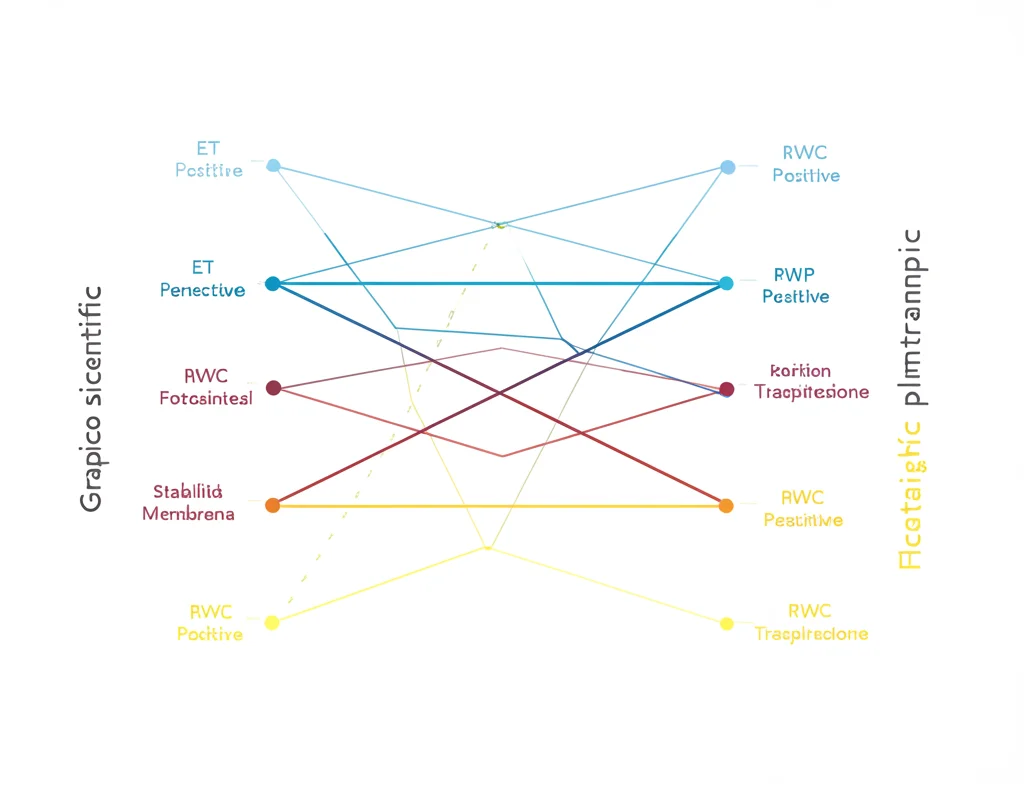 Grafico scientifico astratto che mostra correlazioni positive e negative tra diversi parametri fisiologici delle piante (RWC, Fotosintesi, Traspirazione, Stabilità Membrana). Stile infografica pulito, colori contrastanti.