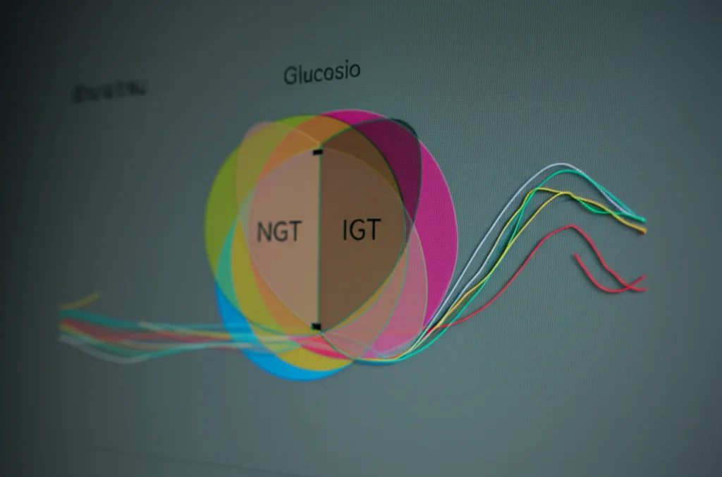 Grafico scientifico astratto visualizzato su uno schermo digitale luminoso, linee ondulate che rappresentano i livelli di glucosio nel tempo con diverse autocorrelazioni (alcune lisce, altre frastagliate), sovrapposto a un diagramma di Venn sfocato che mostra la sovrapposizione tra NGT e IGT, illuminazione da studio controllata, obiettivo 50mm.