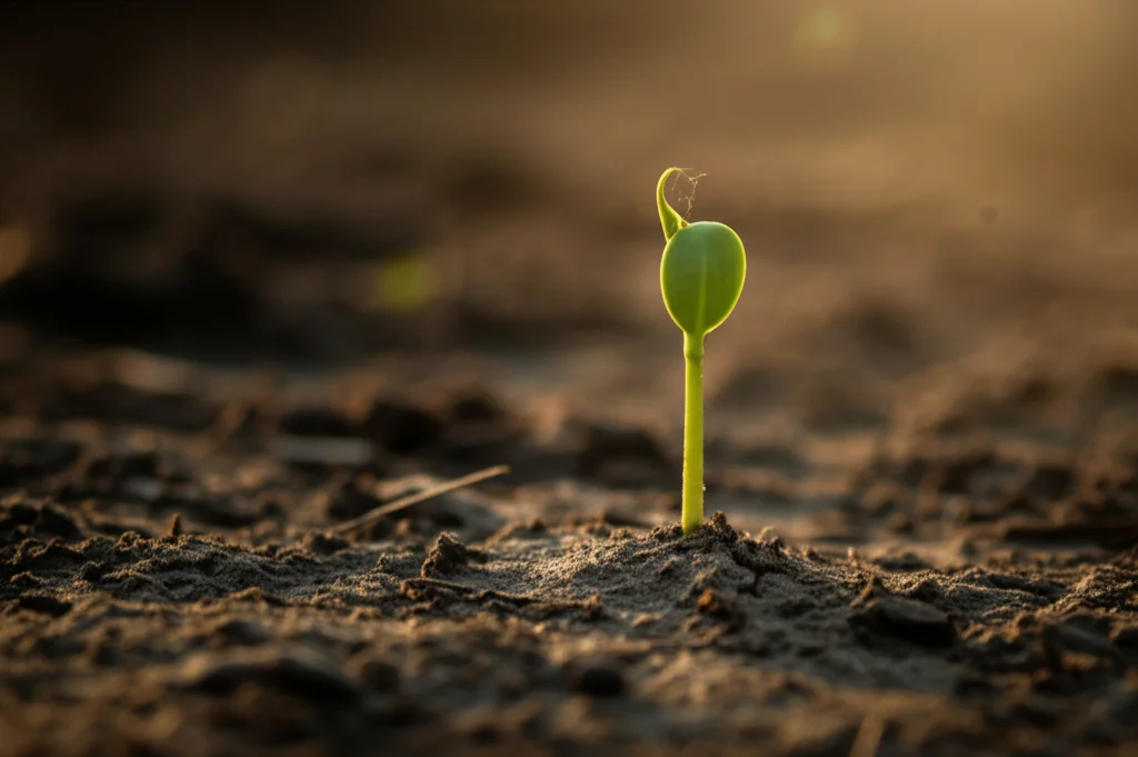 Fotografia macro di una giovane pianta che spunta da un terreno leggermente arido, illuminata da un raggio di sole. Obiettivo macro 90mm, messa a fuoco precisa sul germoglio, luce calda e controllata, alto dettaglio.