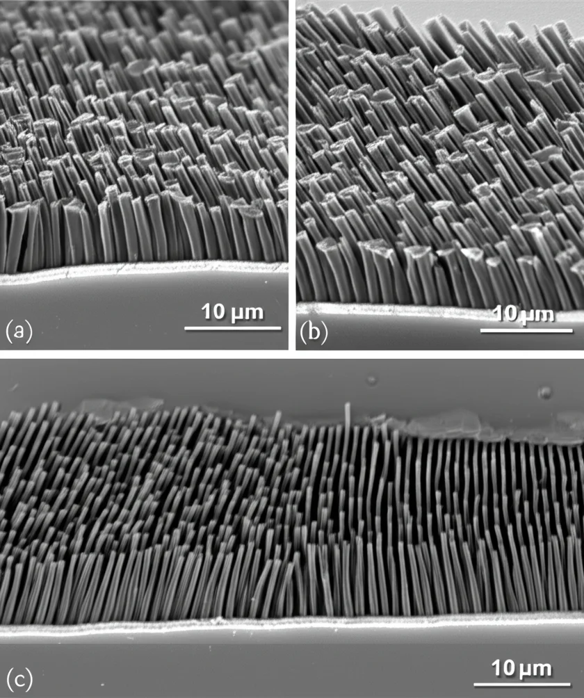 Immagine fotorealistica al microscopio elettronico di una sezione della metasuperficie fabbricata, mostrando le file ordinate di nanopillari di silicio amorfo su un substrato di SiO2. Vista dall'alto e laterale. Lente macro 100mm, alta definizione, illuminazione controllata per evidenziare la struttura nanometrica.