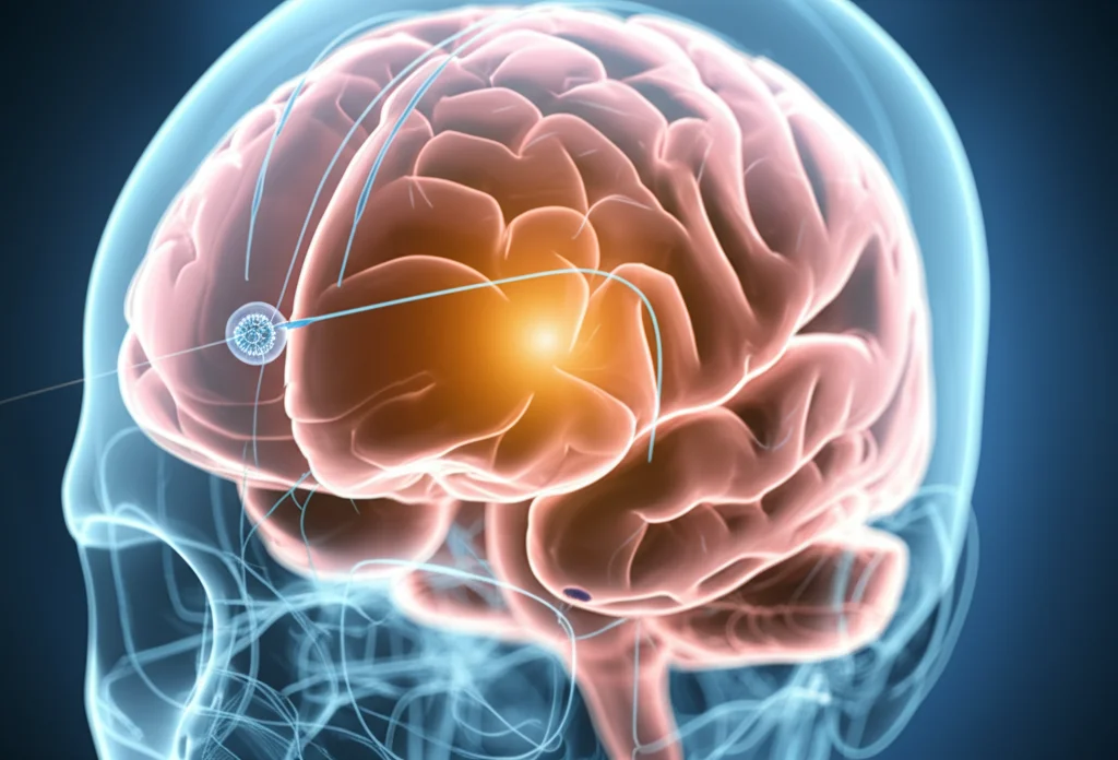 Fotografia in primo piano di un elettrodo per la stimolazione cerebrale profonda (DBS) posizionato con precisione nel nucleo subtalamico (STN) del cervello, visualizzato tramite una scansione MRI o un modello 3D trasparente del cervello. L'immagine ha una profondità di campo ridotta per focalizzare l'attenzione sull'elettrodo e sulla struttura cerebrale circostante. Illuminazione controllata per un look scientifico ma suggestivo. Obiettivo prime 35mm.