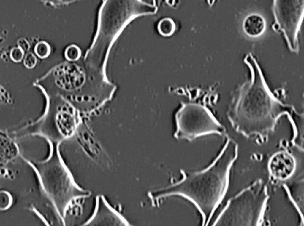 Fotomicrografia fotorealistica, obiettivo macro 80mm, alta definizione, illuminazione da campo scuro. Cellule tumorali prostatiche PC-3 in coltura. Alcune cellule mostrano chiaramente i segni dell'apoptosi indotta da un farmaco: restringimento, formazione di bolle sulla membrana (blebbing) e frammentazione nucleare. Accanto, cellule di controllo non trattate con morfologia normale.