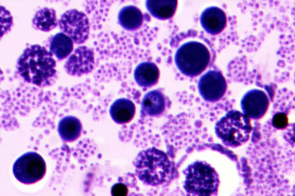 Vista al microscopio di sferoidi 3D di cellule di cancro colon-rettale. Alcuni sferoidi sono più piccoli e meno compatti (sensibili al silenziamento di KRAS), altri più grandi e robusti (resistenti). Illuminazione da campo chiaro, obiettivo a media magnificazione, stile fotorealistico, alta definizione.