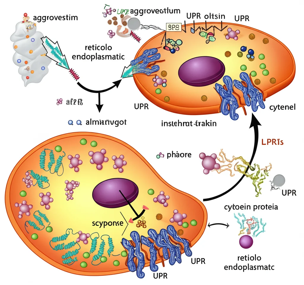 Illustrazione concettuale della Unfolded Protein Response (UPR) all'interno di una cellula tumorale. Si vedono proteine aggrovigliate nel reticolo endoplasmatico, molecole di segnalazione attivate e un rallentamento della sintesi proteica. Stile artistico ma scientificamente accurato, colori vivaci che indicano stress, obiettivo macro virtuale, alta definizione.
