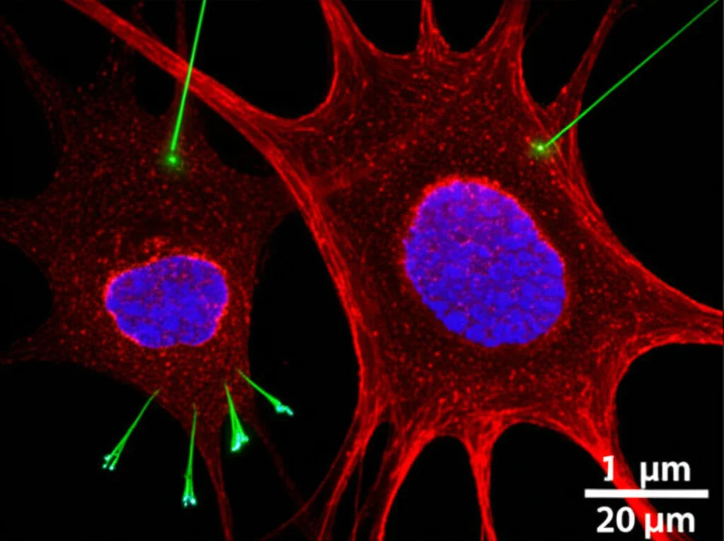 Immagine macro ad alta definizione di neuroni parvalbumina (PV) nel globo pallido esterno (GPe) marcati con fluorescenza (es. mCherry o EGFP) visti al microscopio confocale. Alcuni neuroni mostrano fibre ottiche vicine per la stimolazione optogenetica. Dettagli precisi delle strutture cellulari e delle connessioni sinaptiche. Illuminazione controllata per evidenziare la fluorescenza. Obiettivo macro 100mm.