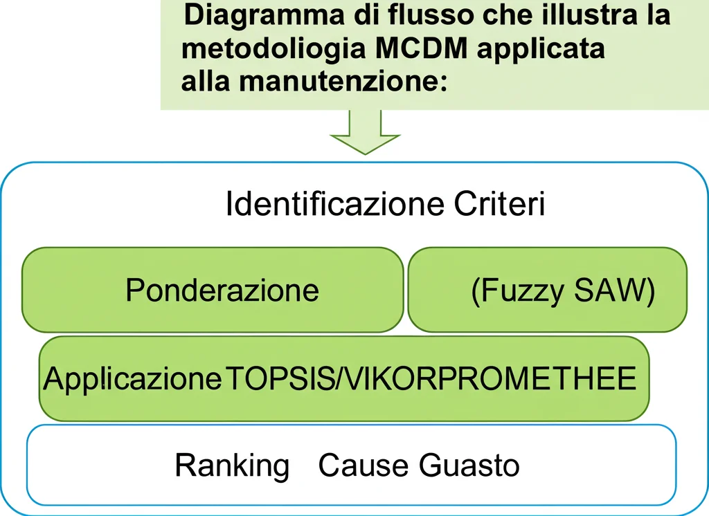 Diagramma di flusso che illustra la metodologia MCDM applicata alla manutenzione: box con fasi come Identificazione Criteri, Ponderazione (Fuzzy SAW), Applicazione TOPSIS/VIKOR/PROMETHEE, Ranking Cause Guasto. Stile grafico pulito e professionale.