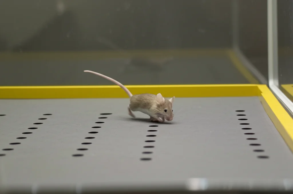 Fotografia dinamica che cattura il movimento fluido di un topo modello per il Parkinson in un'arena open field durante una sessione di stimolazione cerebrale (elettrica o optogenetica). L'immagine, scattata con un teleobiettivo zoom (es. 200mm) e alta velocità dell'otturatore, congela l'azione mostrando il miglioramento della locomozione. Tracciamento del movimento per mantenere il soggetto a fuoco.