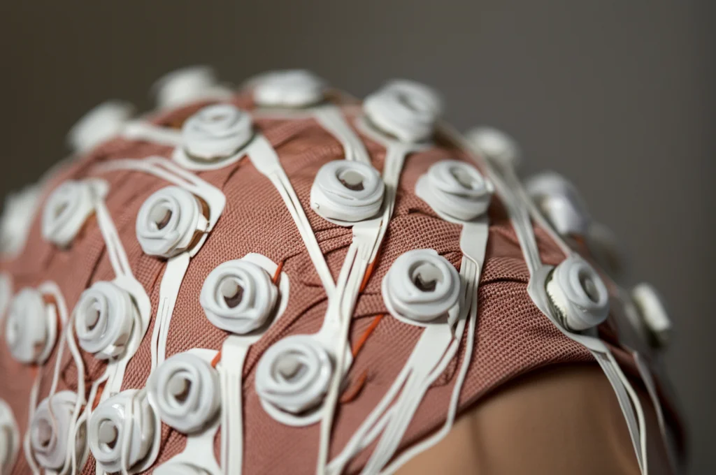 Fotografia macro di sensori EEG posizionati su una testa, illuminazione controllata per evidenziare i dettagli high-tech, obiettivo macro 85mm, messa a fuoco precisa sui contatti, sfondo sfocato.