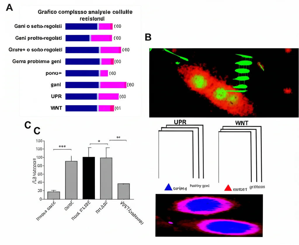Grafico complesso che mostra i risultati dell'analisi proteomica e trascrittomica. Barre colorate indicano geni e proteine sovra o sotto-regolati nelle cellule sensibili vs resistenti. Focus su UPR e WNT pathways. Stile infografica scientifica, alta risoluzione, colori distinti per le diverse condizioni.