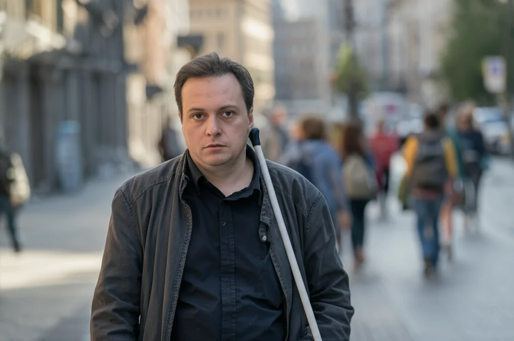 Ritratto ambientato di una persona non vedente che naviga un marciapiede urbano affollato usando un bastone bianco, espressione concentrata ma leggermente ansiosa, obiettivo 35mm, profondità di campo ridotta per isolare il soggetto, luce naturale pomeridiana, stile film noir.