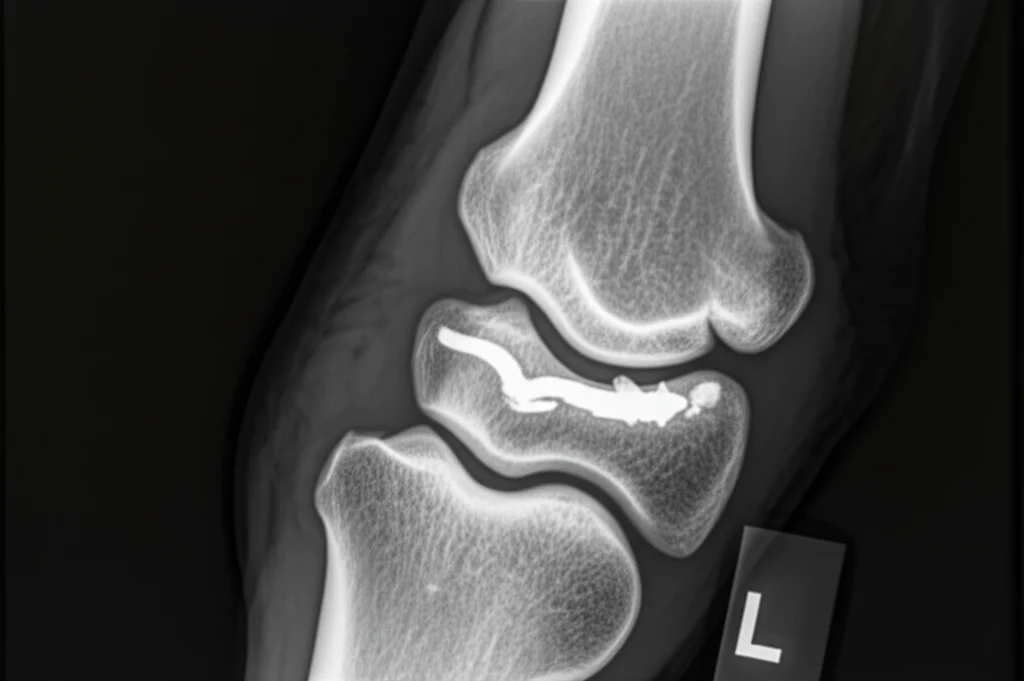 Immagine macro di una radiografia equina che mostra una frattura complessa della falange prossimale, illuminazione controllata per evidenziare i frammenti ossei, obiettivo macro 90mm, alta definizione.