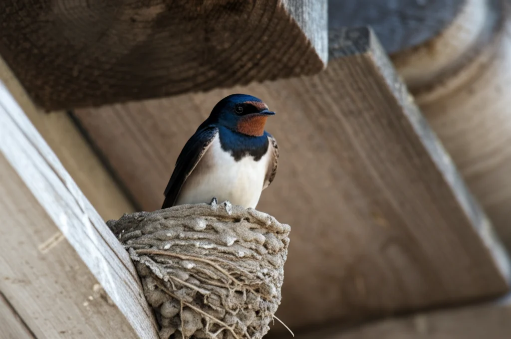 Fotografia naturalistica di una rondine (Hirundo rustica) posata sul bordo del suo nido di fango sotto una grondaia rustica in legno. La rondine guarda verso l'osservatore con un'espressione vigile. Obiettivo teleobiettivo 200mm, scatto veloce per catturare l'attimo, luce naturale pomeridiana che crea ombre morbide, sfondo leggermente sfocato per enfatizzare il soggetto.